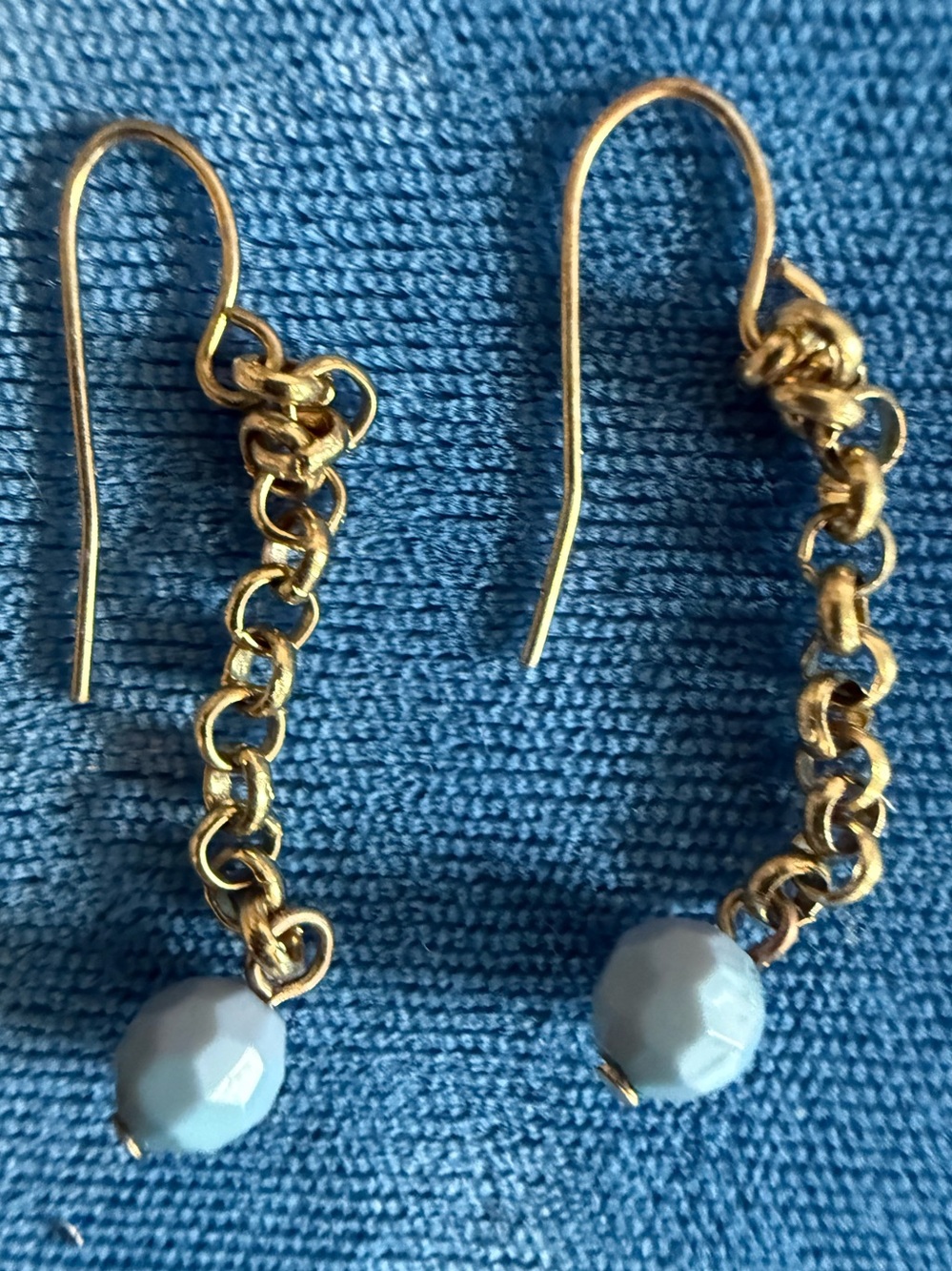 Gold Chain Drop Earrings with Pale Blue Bead